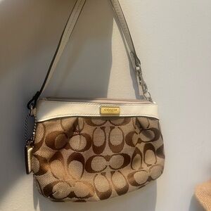 Coach Brown Signature Canvas Wristlet with Cream Trim